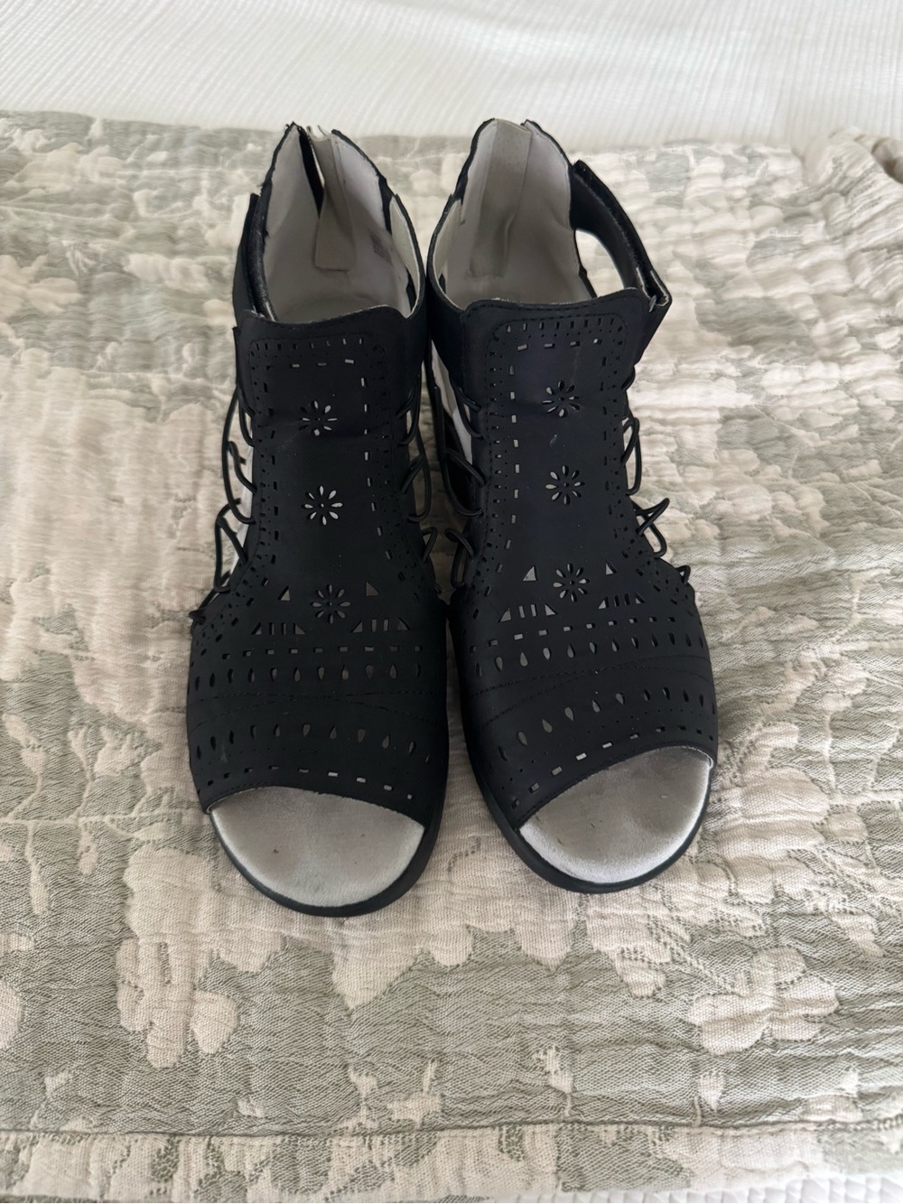 Women’s Black Laser-Cut Peep-Toe Sandals